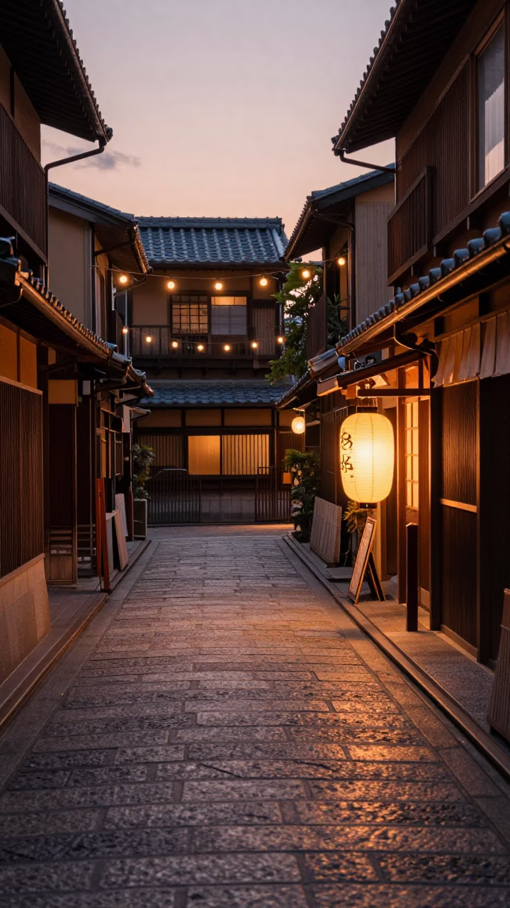 Kyoto Street Scene Before Dusk with String Lights and Traditional Shopfront in in Kyoto, Japan