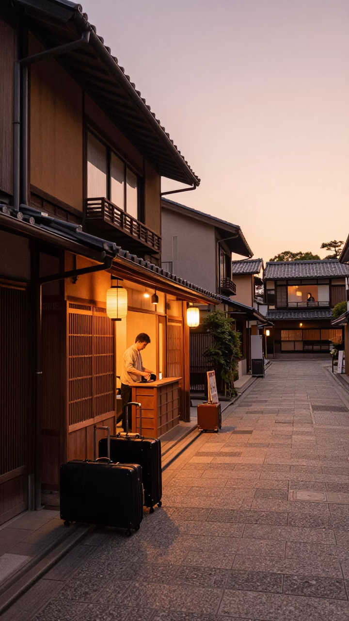 Kyoto Street Scene Before Dusk with Suitcases and Local Commerce in in Kyoto, Japan