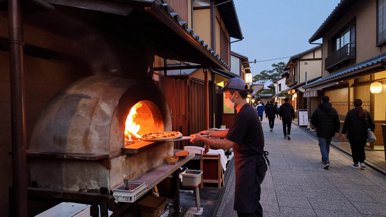 Kyoto Street Scene Before Dusk with Wood-Fired Pizza and Canisters in in Kyoto, Japan