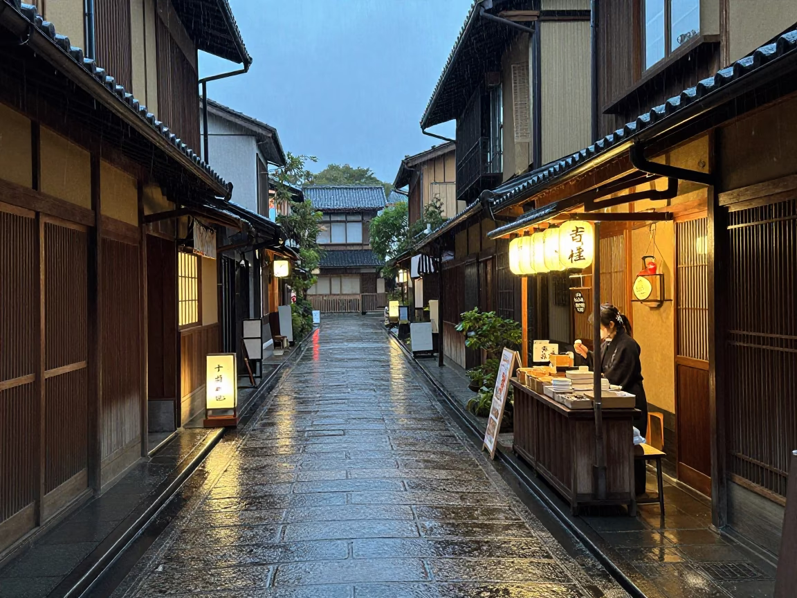 Kyoto Street Scene During Light Rain at Dusk With Tea Seller in in Kyoto, Japan
