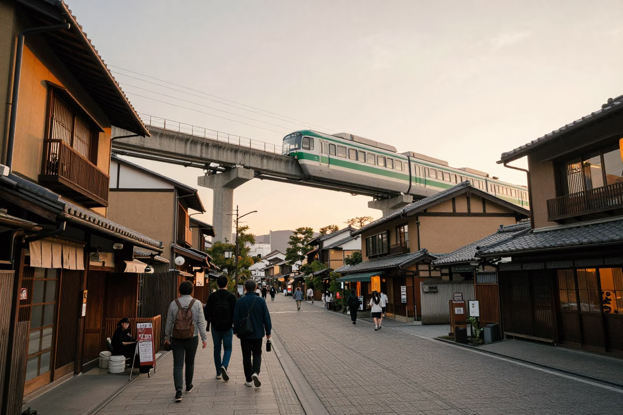 Kyoto Street Scene Honeyed Evening Light Monorail Overhead Traditional Life in in Kyoto, Japan