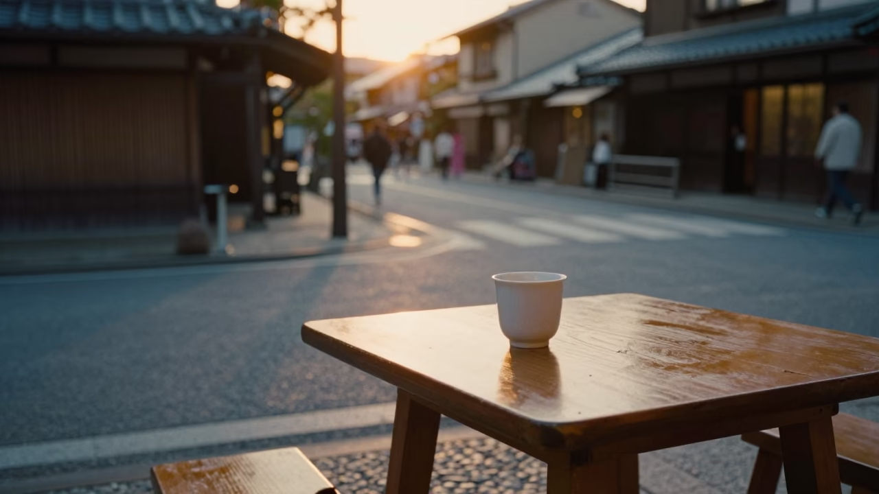 Kyoto Street Scene in Honeyed Evening Light with Cup and Brush on Wooden Table in in Kyoto, Japan