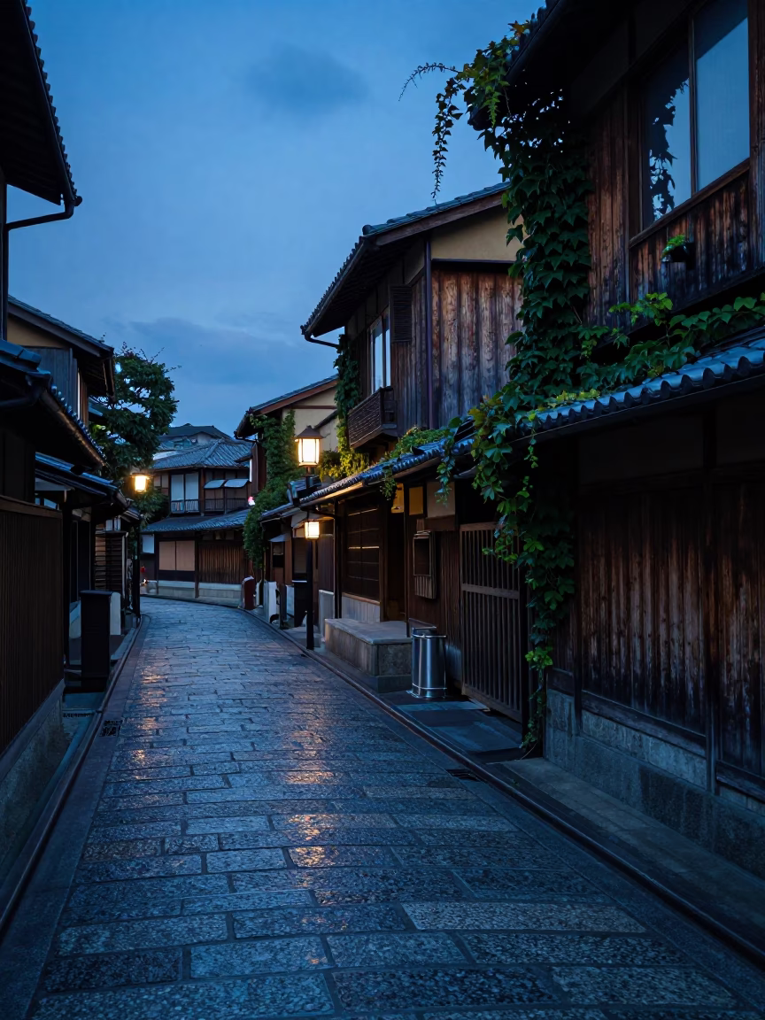 Kyoto Street Scene in Indigo Twilight with Ivy Vines and Local Pedestrians in in Kyoto, Japan
