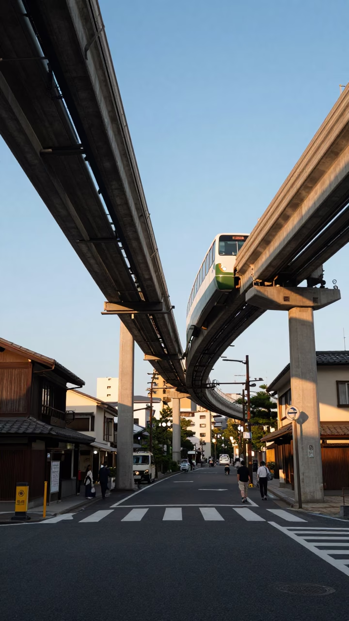 Kyoto Street Scene Late Afternoon Light with Monorail and Traditional Architecture in in Kyoto, Japan