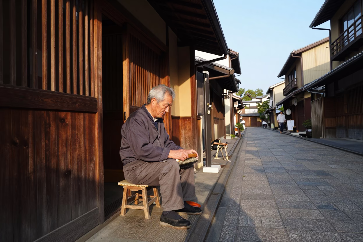 Kyoto Street Scene Late Afternoon Light with Shoe Brush and Traditional Architecture in in Kyoto, Japan