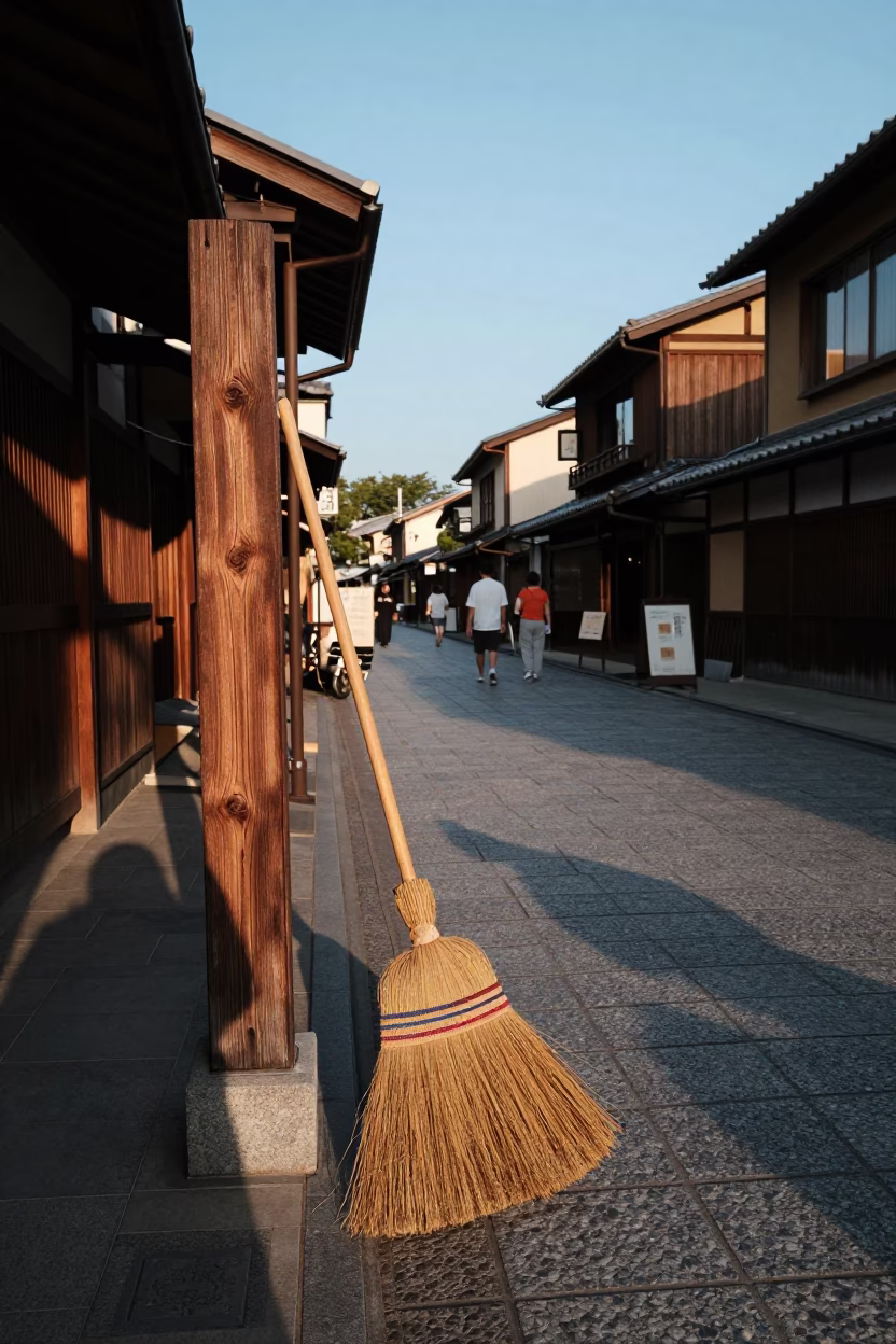 Kyoto Street Scene Late Afternoon Light with Traditional Broom and Market Goods in in Kyoto, Japan