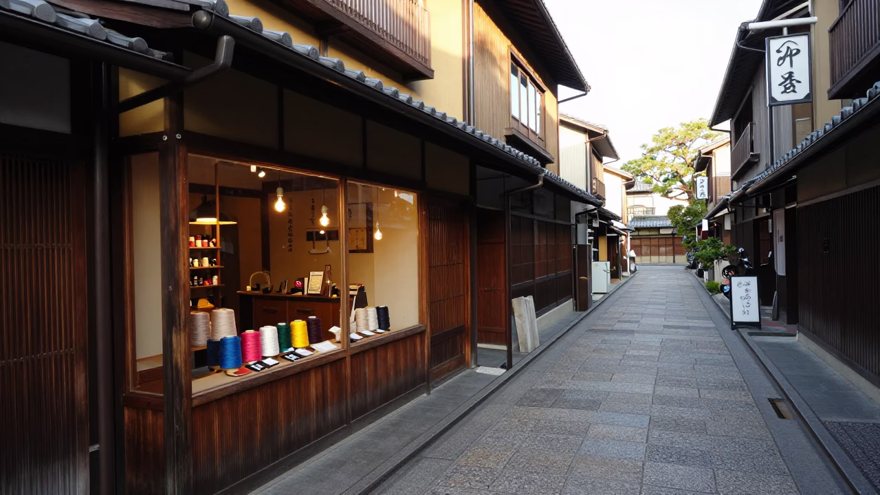 Kyoto Street Scene Late Afternoon with Spool of Thread and Moss Garden in in Kyoto, Japan
