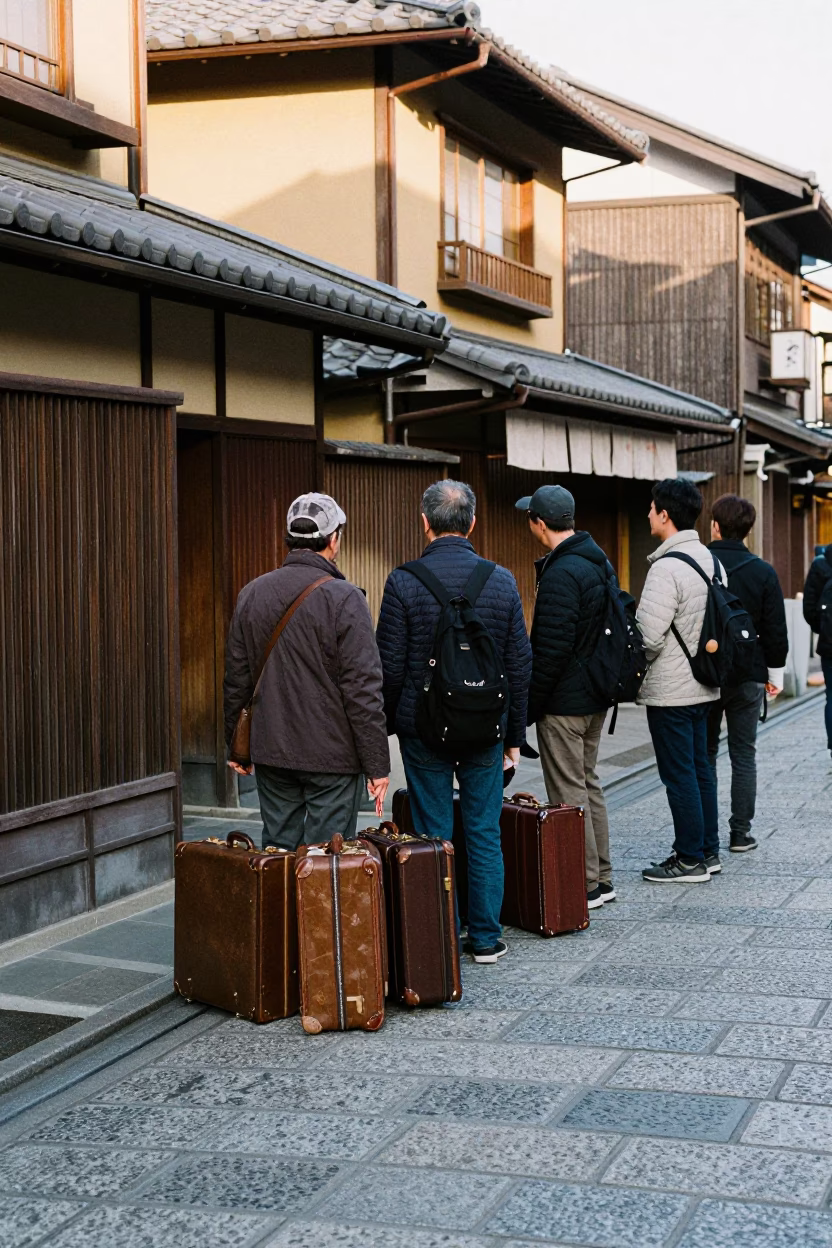 Kyoto Street Scene Late Morning with Suitcases and Traditional Architecture in in Kyoto, Japan