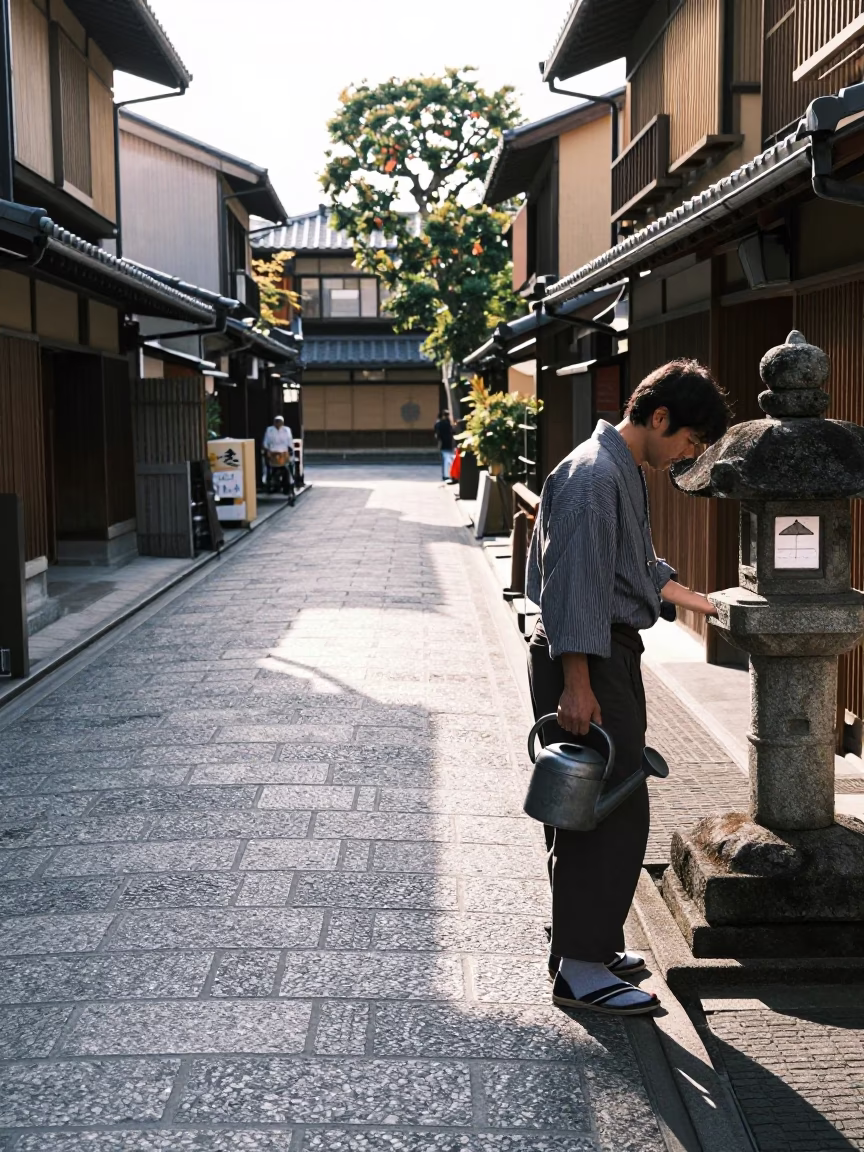 Kyoto Street Scene Late Morning with Watering Jug and Radishes in in Kyoto, Japan