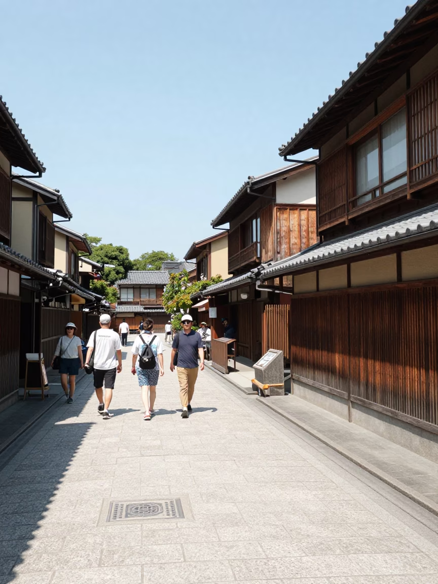 Kyoto Street Scene Midday Sunlight Traditional Wooden Machiya Architecture and Pedestrians Walking in in Kyoto, Japan