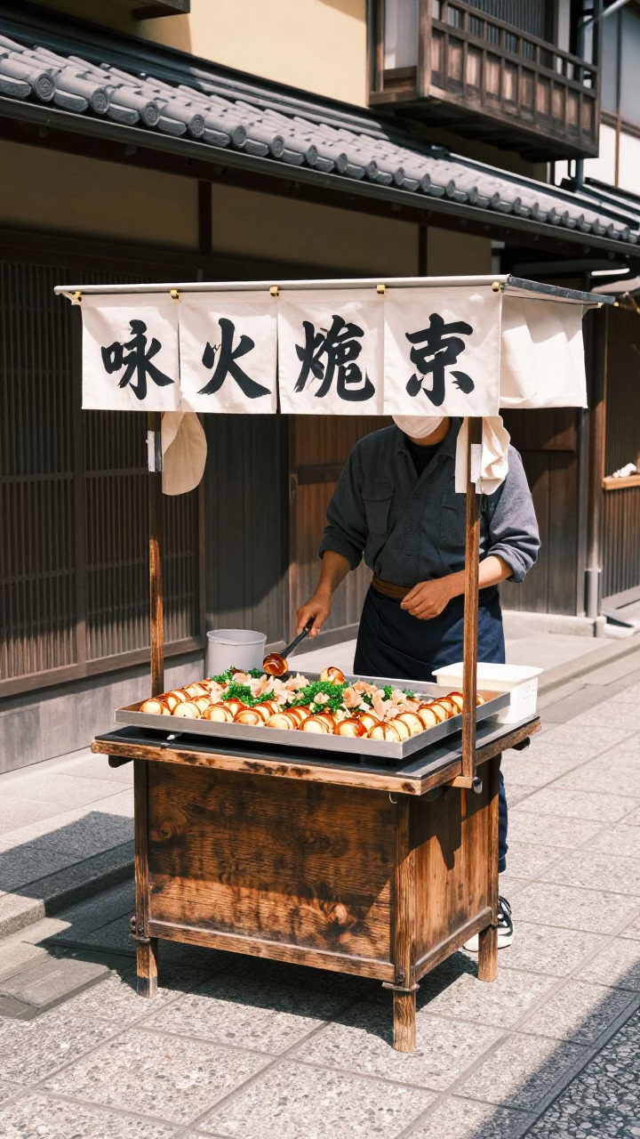 Kyoto Street Scene Midday with Takoyaki Vendor and Traditional Wooden Facade in in Kyoto, Japan