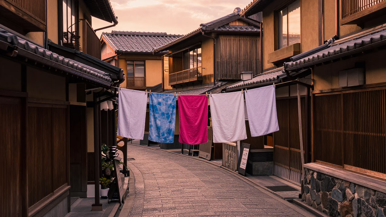 Kyoto Street Scene with Drying Towels and Traditional Architecture in Copper Light in in Kyoto, Japan