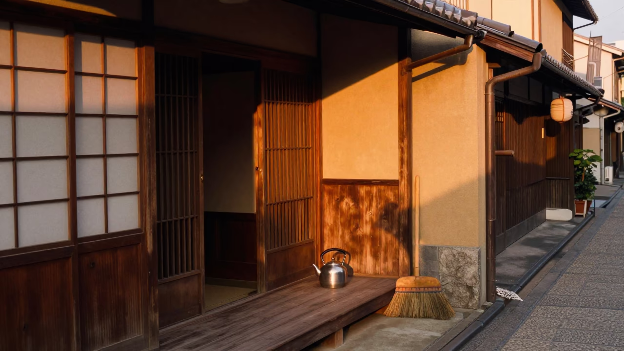Kyoto Street Scene with Kettle and Brooms in Honeyed Evening Light in in Kyoto, Japan