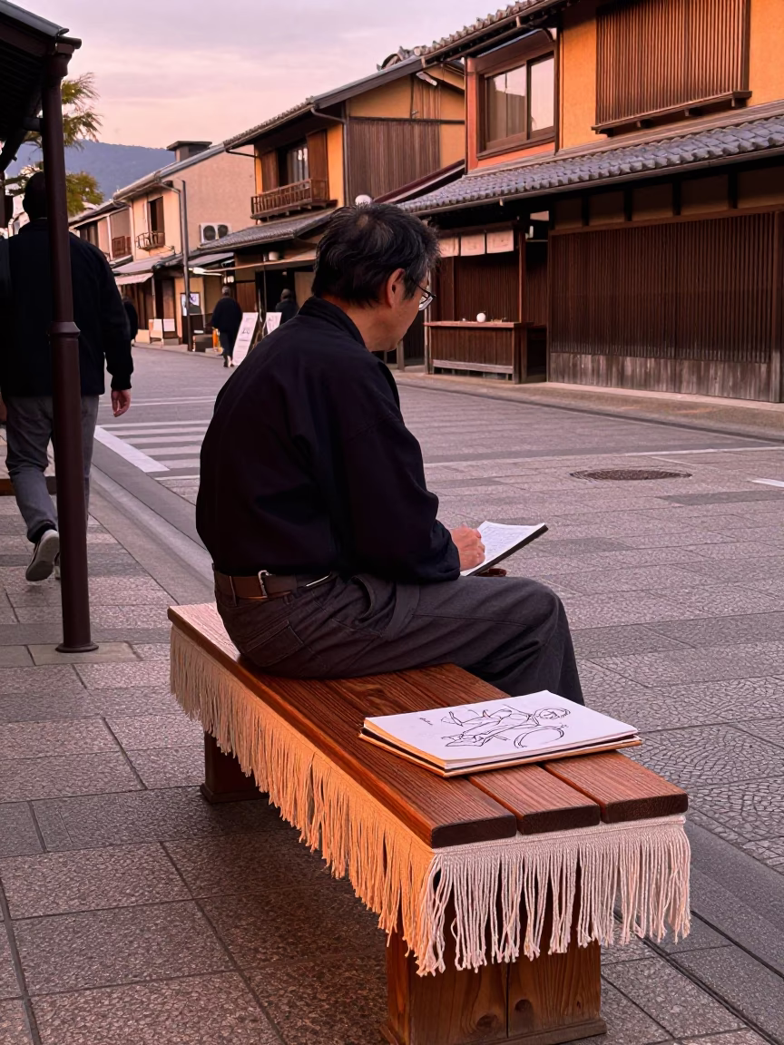 Kyoto Street Scene with Linen Fringe and Sketchbook in Copper Dusk Light in in Kyoto, Japan