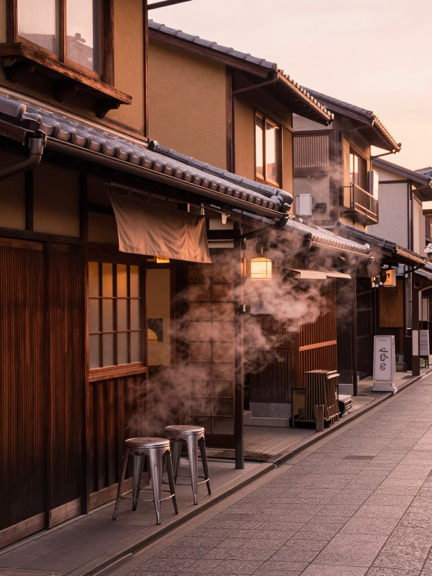 Kyoto street scene with metal stools and steam haze in copper dusk light in in Kyoto, Japan