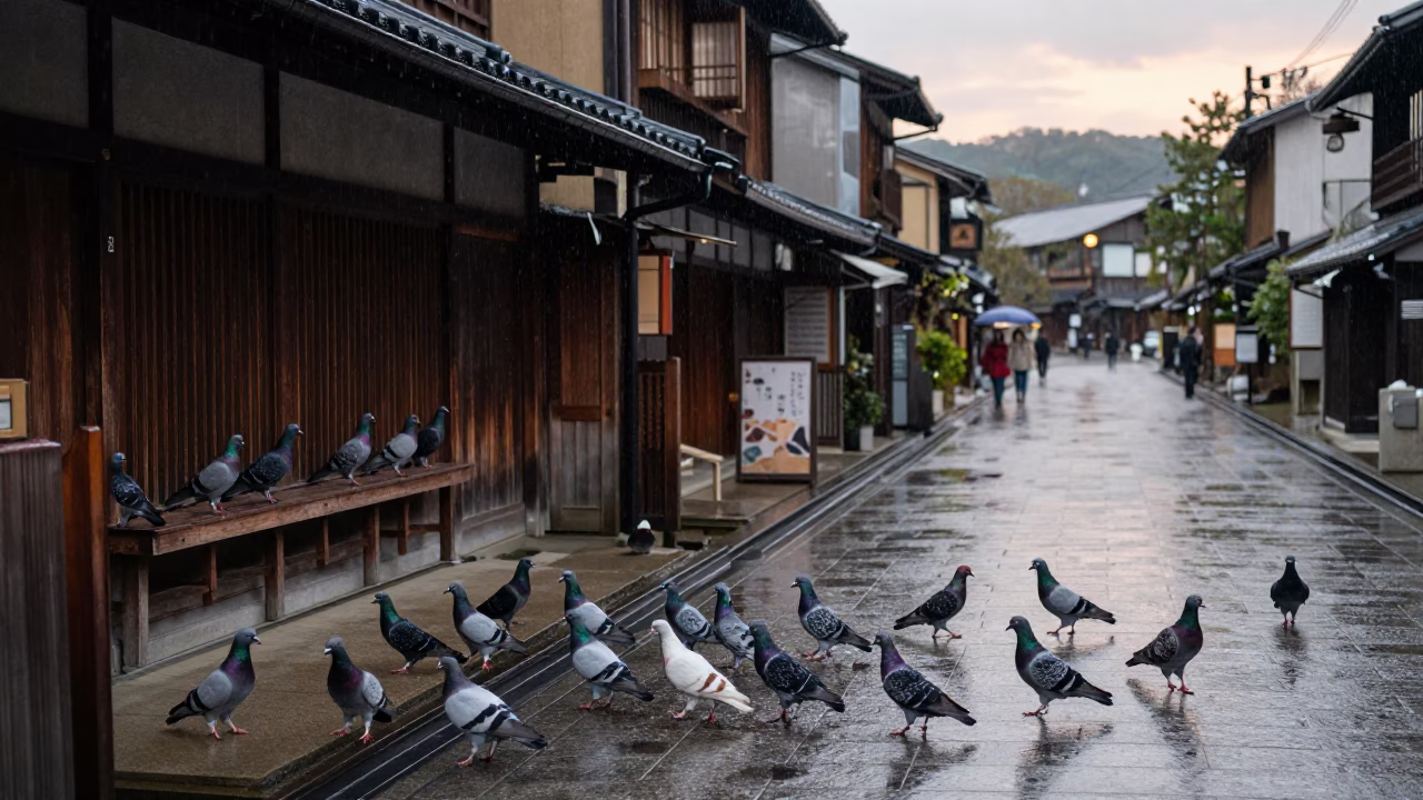 Kyoto street scene with pigeons and wet pavement at dusk in in Kyoto, Japan