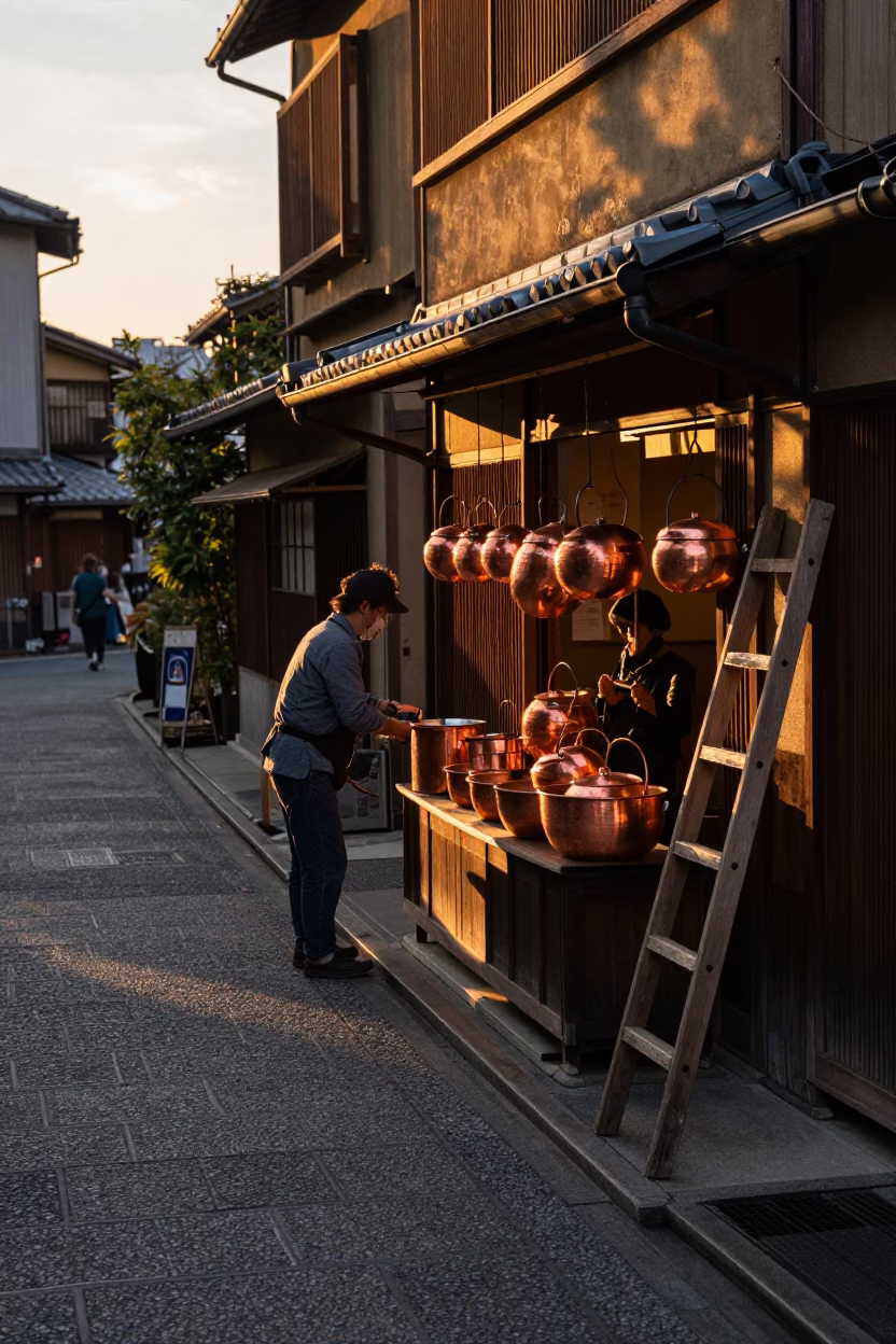Kyoto Street Sunset Scene with Copper Pots and Wooden Ladder in Japan in in Kyoto, Japan
