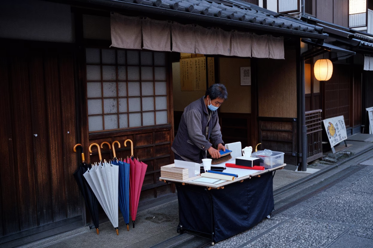 Kyoto Street Vendor at Dawn with Umbrellas and Brush Before Shop Opening in in Kyoto, Japan