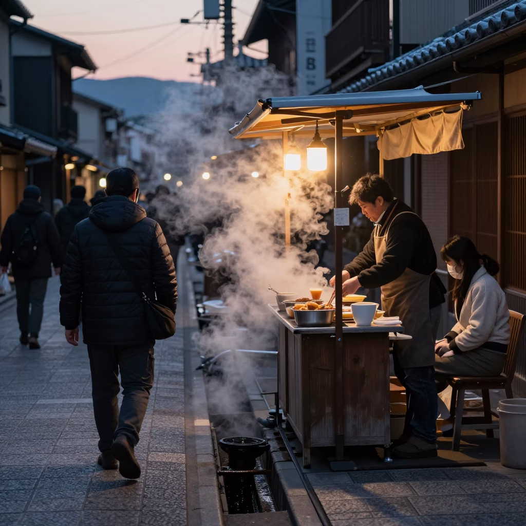 Kyoto street vendor preparing breakfast before dawn with steaming pipes and cherries in in Kyoto, Japan