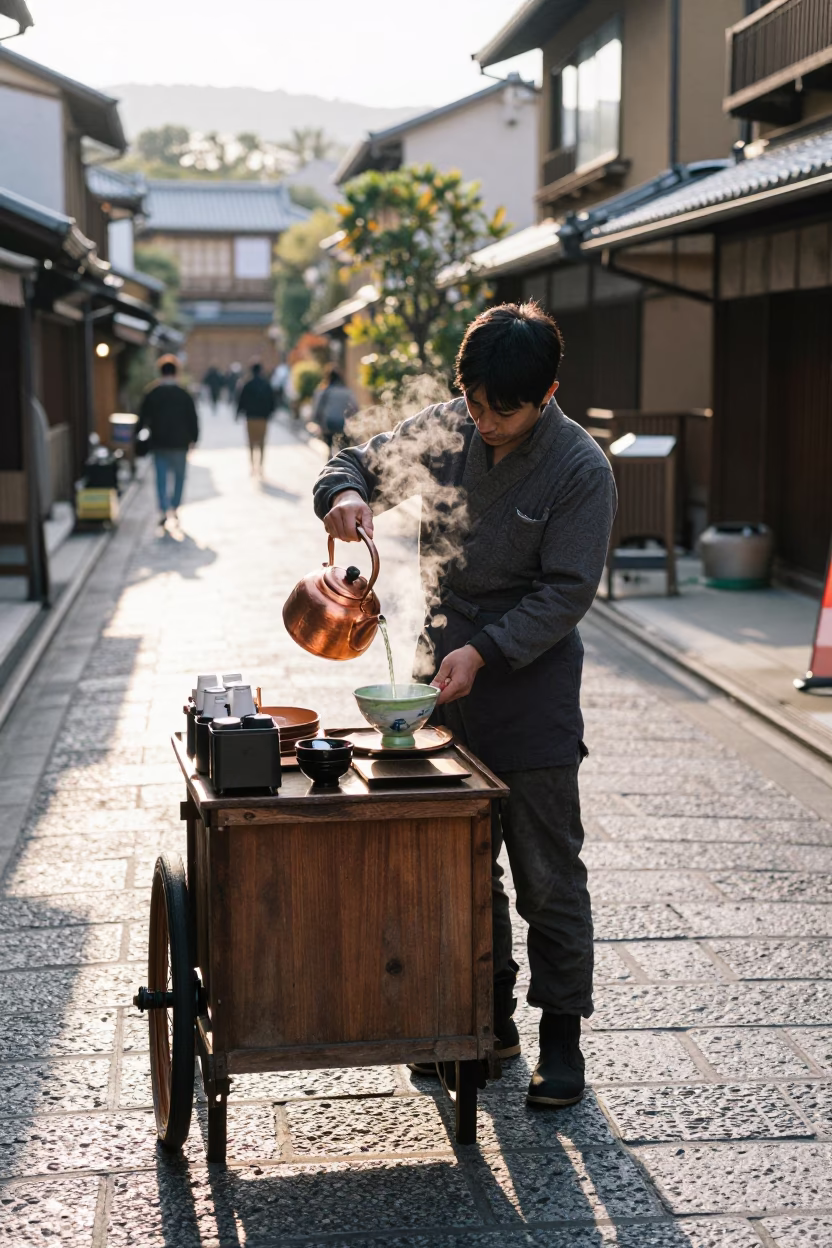 Kyoto Street Vendor Preparing Matcha Latte After Sunrise in Traditional Neighborhood in in Kyoto, Japan