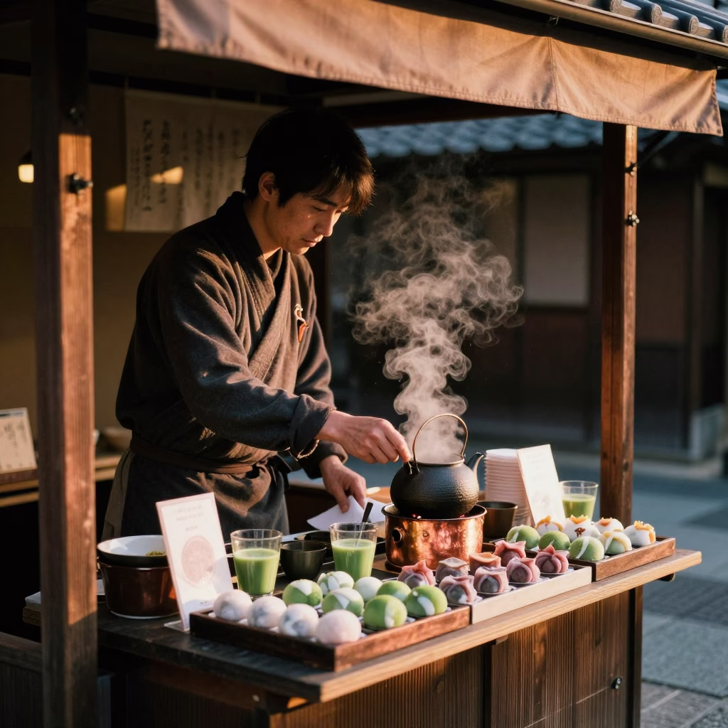 Kyoto Street Vendor Selling Matcha Tea and Sweets in Warm Dusk Light in in Kyoto, Japan
