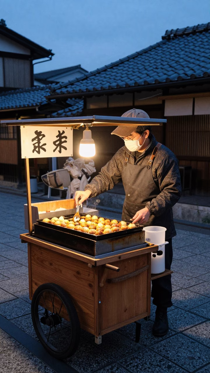 Kyoto street vendor serving takoyaki on grill at blue hour after sunset in in Kyoto, Japan