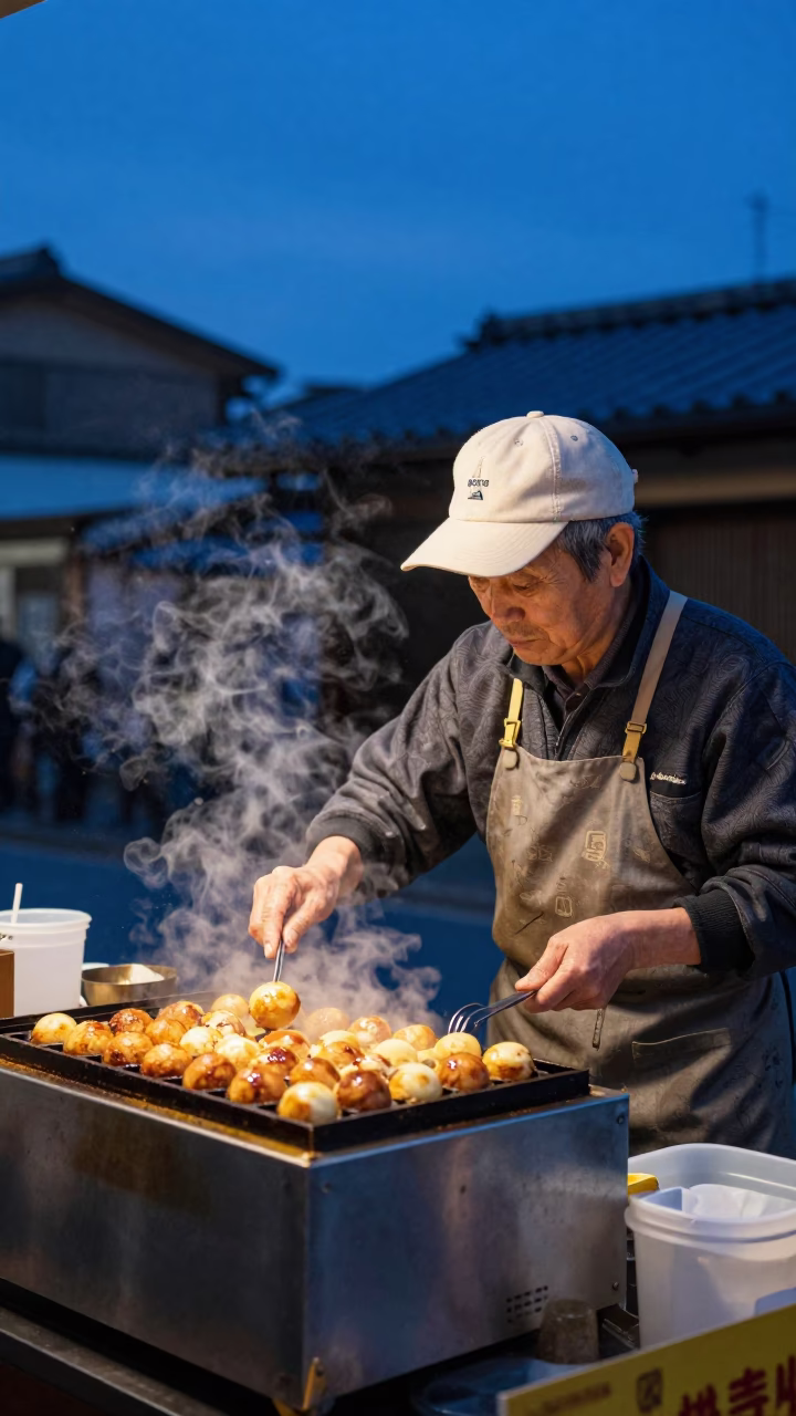 Kyoto Street Vendor Serving Takoyaki Under Indigo Twilight Sky in Japan in in Kyoto, Japan