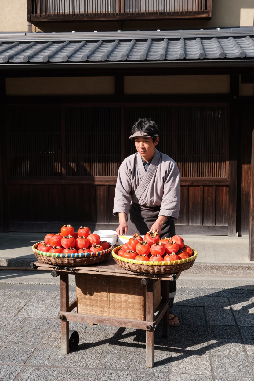 Kyoto Street Vendor With Colorful Basket Tray Under Flat Noon Light in in Kyoto, Japan