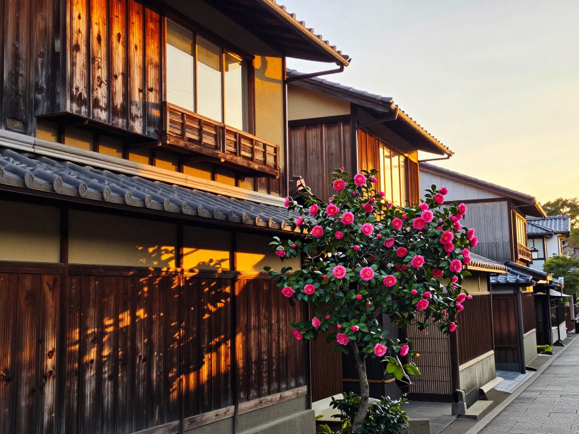 Kyoto Sunset Camellia Blooms and Traditional Wooden Architecture in in Kyoto, Japan