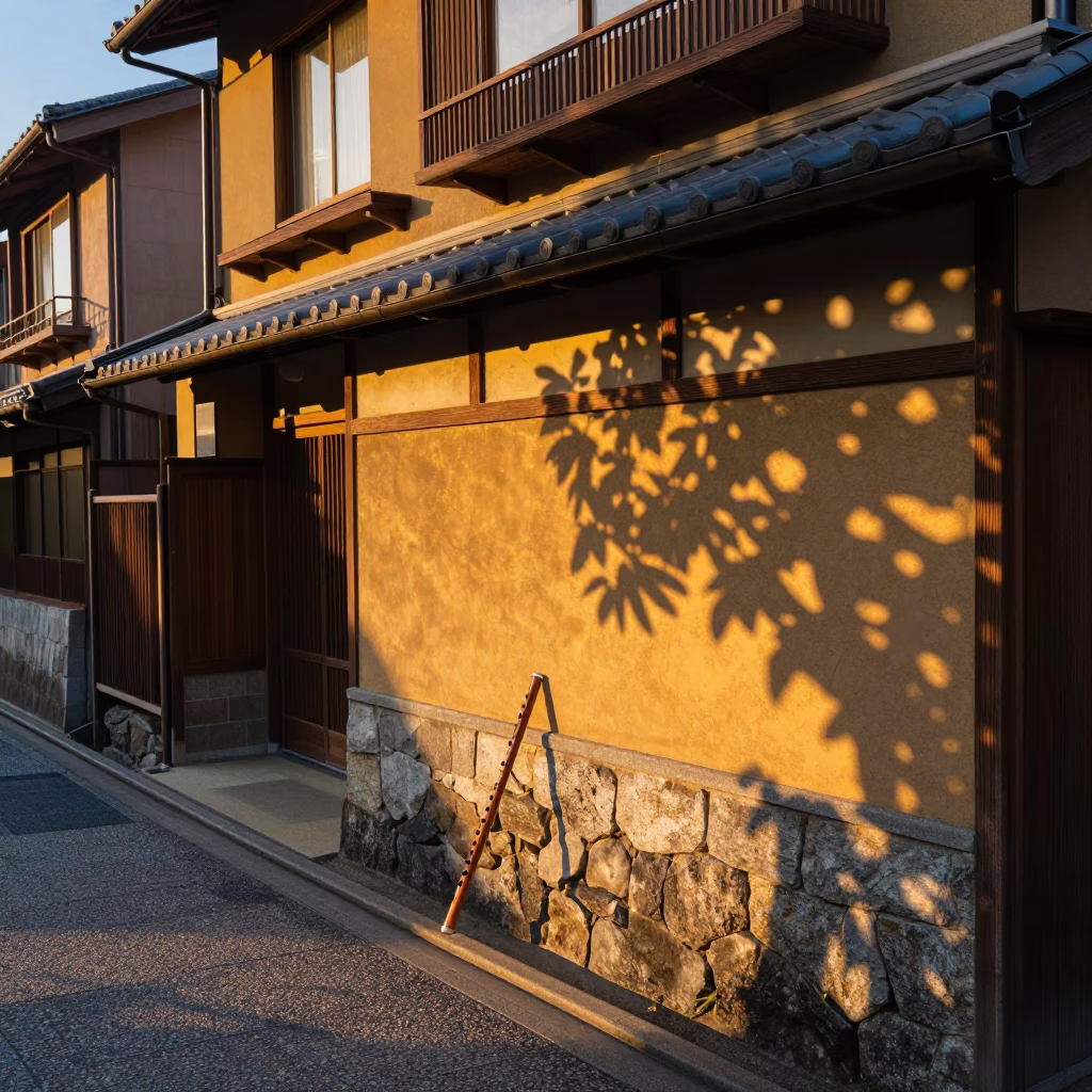 Kyoto Sunset Street Scene with Leaf Shadows and Colorful Lanterns in in Kyoto, Japan