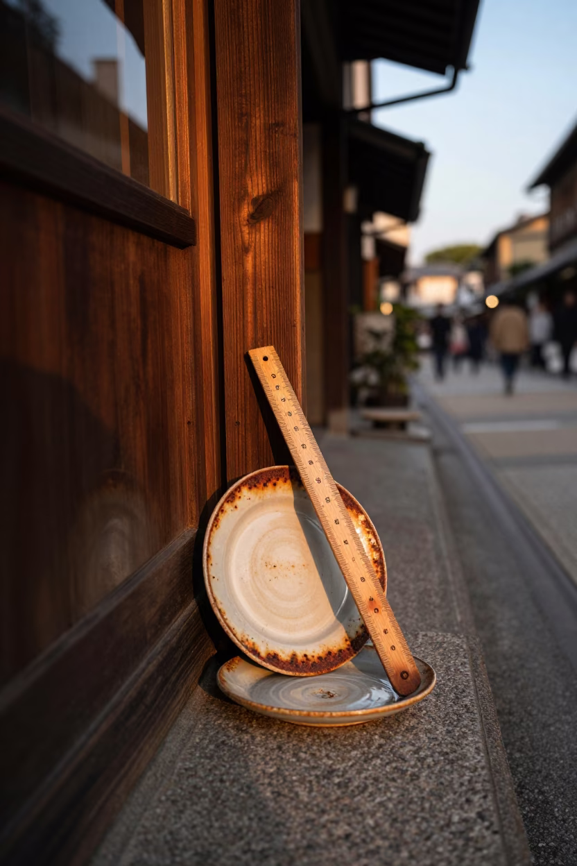 Kyoto Sunset Street Scene with Rusty Saucer and Wooden Ruler in in Kyoto, Japan