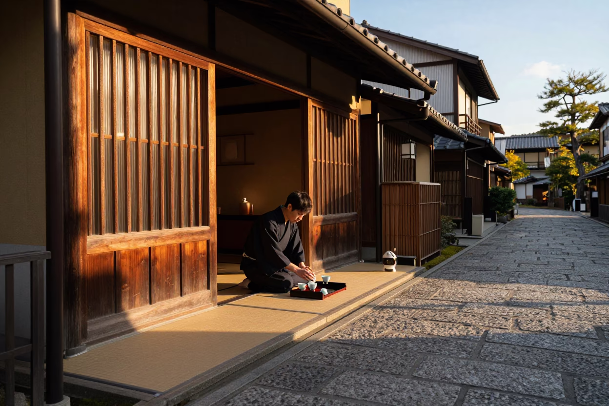 Kyoto Sunset Street Scene with Traditional Tea Ceremony Elements and Vibrant Colors in in Kyoto, Japan