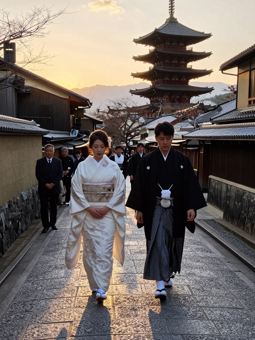 Kyoto Sunset Traditional Wedding Procession Walking Along Stone Pathway in in Kyoto, Japan
