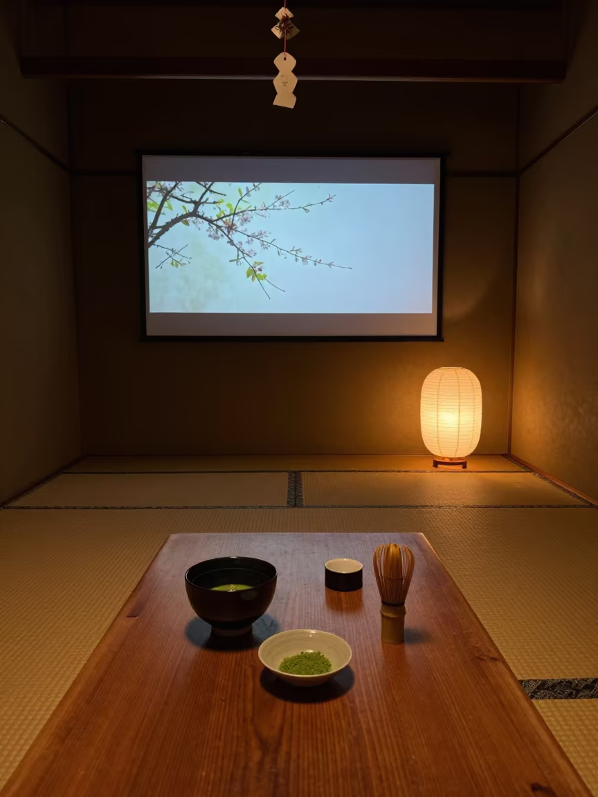 Kyoto Tea Ceremony Predawn Amber Light in in a tatami tea room in Kyoto