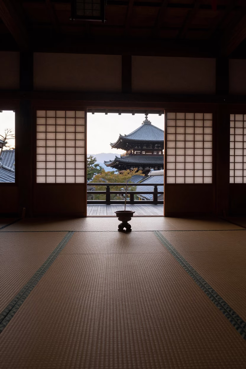 Kyoto Temple Interior Before Dawn with Incense Holder and Blue Porcelain in in Kyoto, Japan