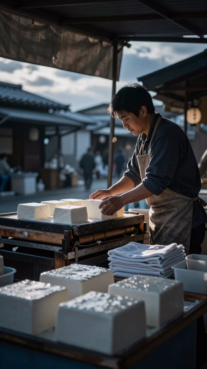 Kyoto Tofu Vendor Pressing Blocks Morning Market in in a covered bazaar aisle in Kyoto