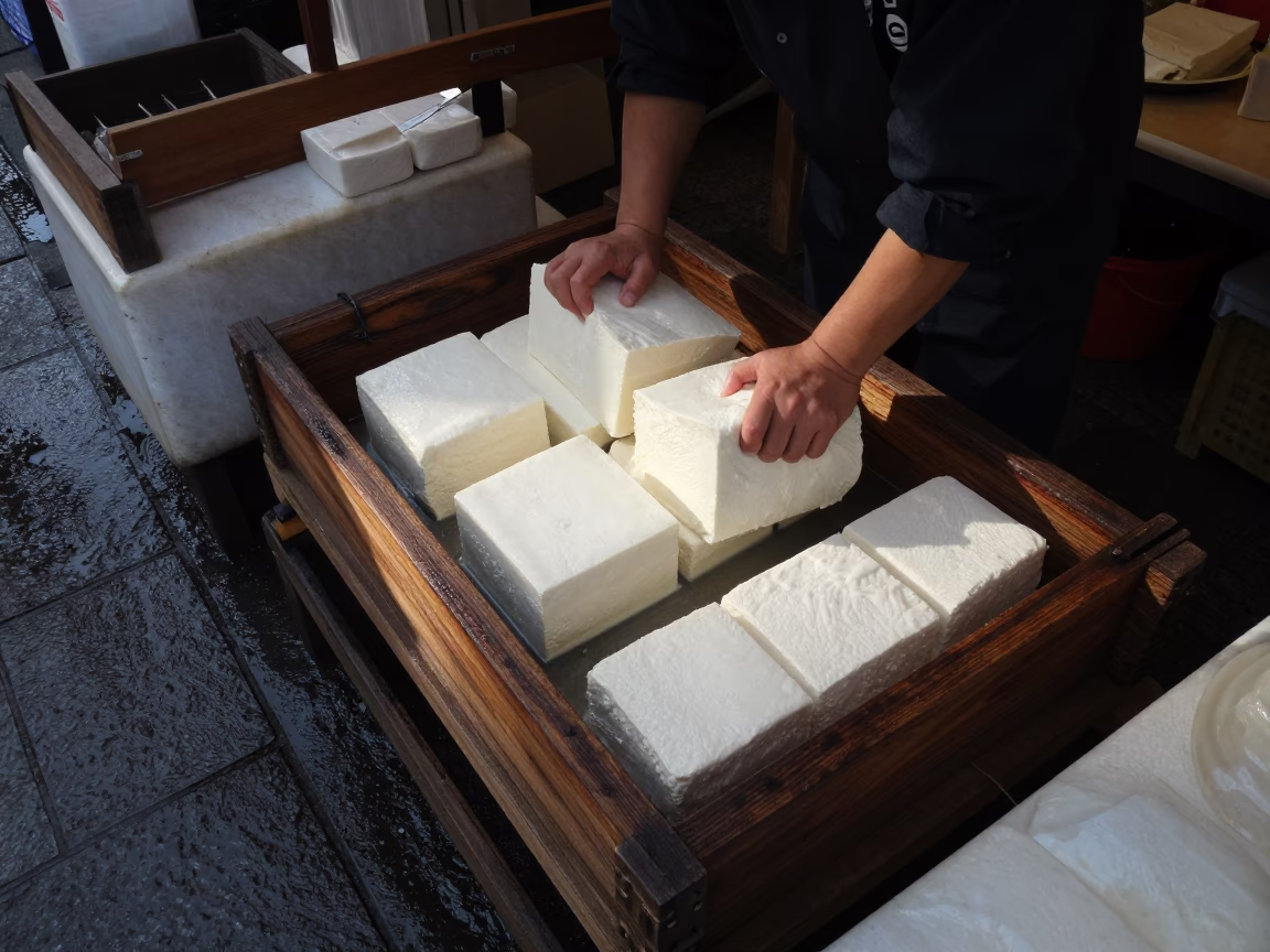 Kyoto Tofu Vendor Pressing Fresh Blocks in at a market stall in Nishiki, Kyoto