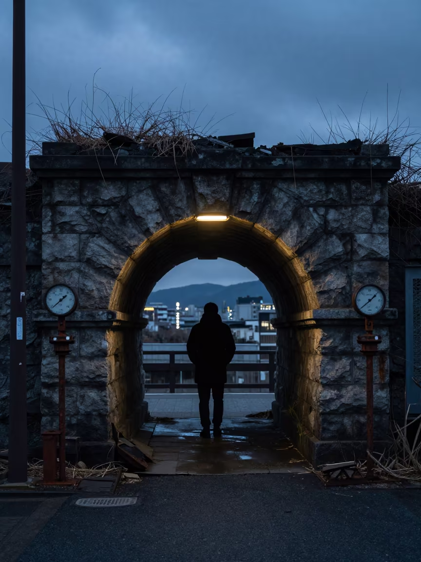 Kyoto Tunnel Station Ruin Silhouette in beneath a broken stone arch near Kyoto