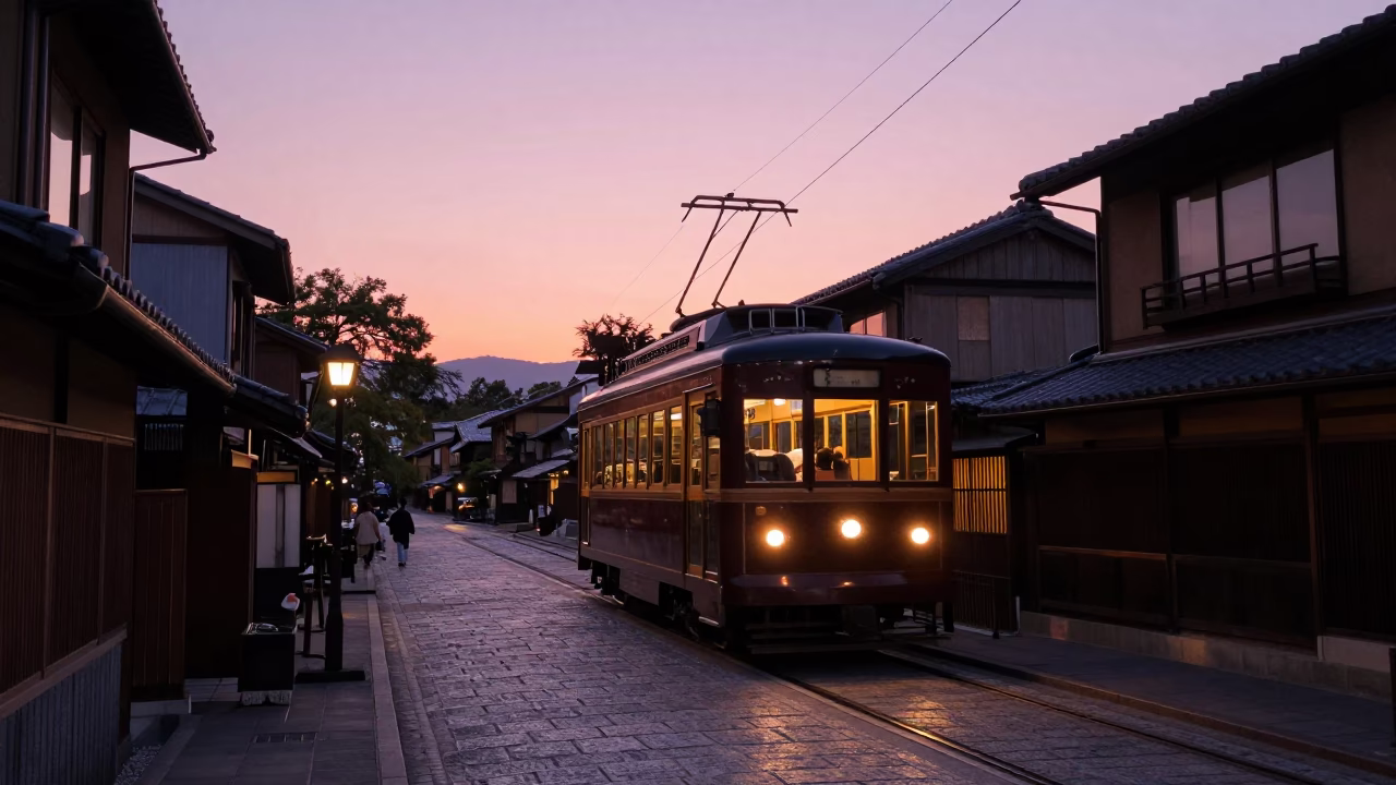 Kyoto Twilight Street Scene with Heritage Tram and Cobblestone Avenue at Dusk in in Kyoto, Japan