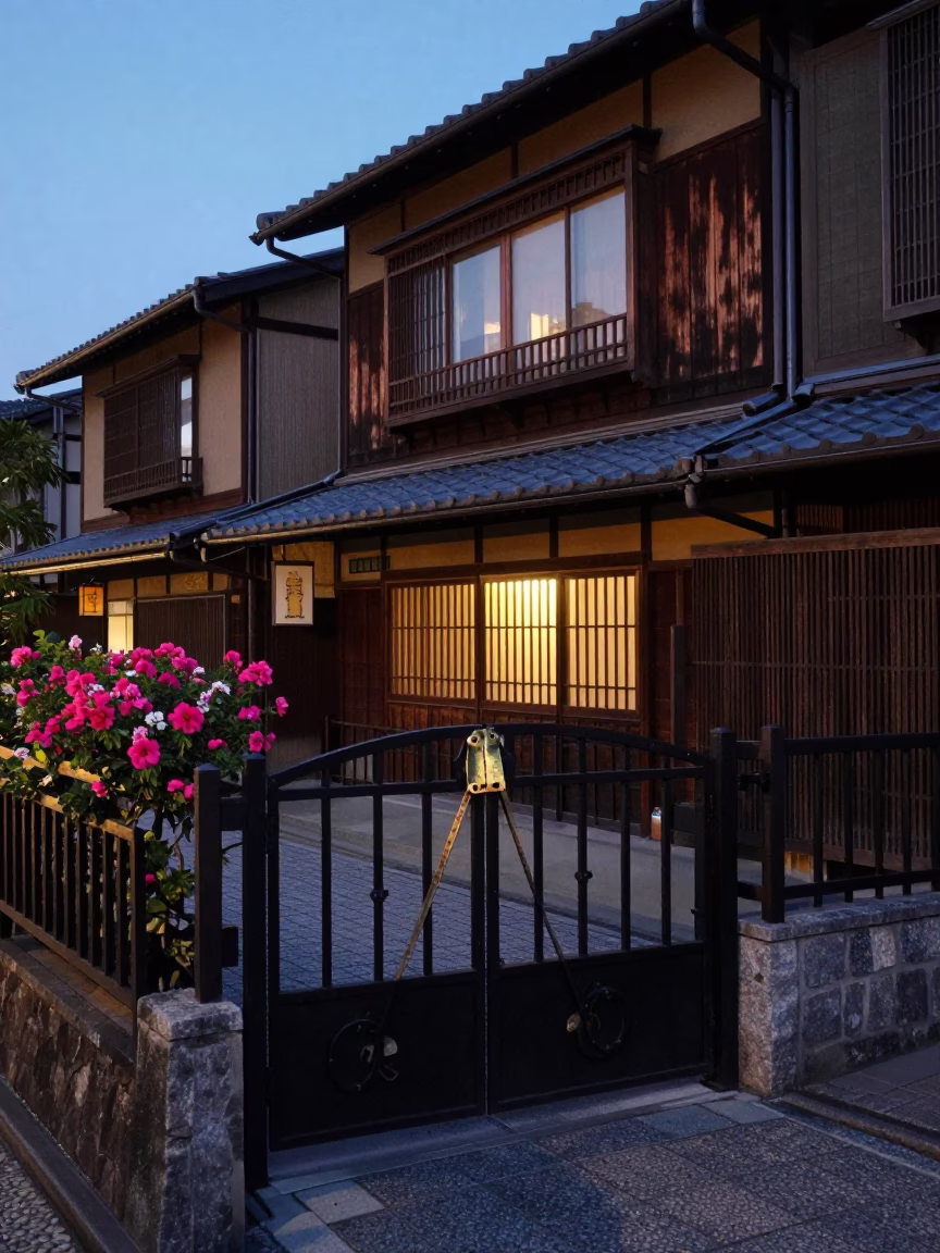 Kyoto Twilight Street Scene with Iron Gate and Plumbago Hedge in in Kyoto, Japan