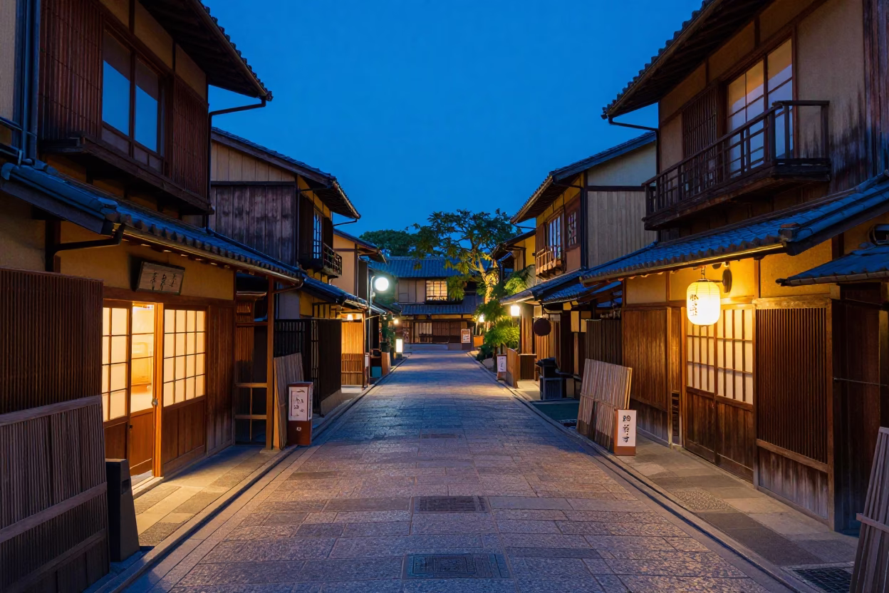 Kyoto Twilight Street Scene with Neon Lights and Local Dining in in Kyoto, Japan