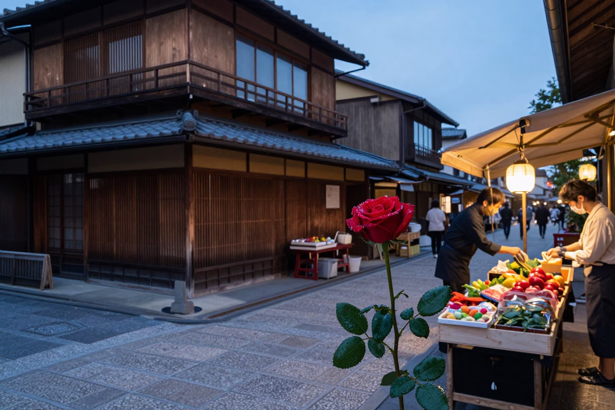 Kyoto Twilight Street Scene with Red Rose and Traditional Architecture in in Kyoto, Japan