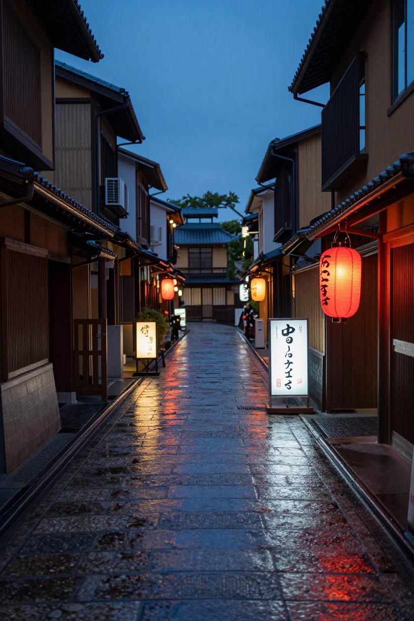 Kyoto Twilight Street Scene with Traditional Lanterns and Modern Signage in in Kyoto, Japan
