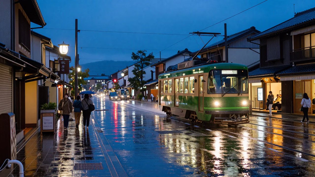 Kyoto Twilight Street Scene with Tram Reflections on Rain-Slicked Cobblestones in in Kyoto, Japan