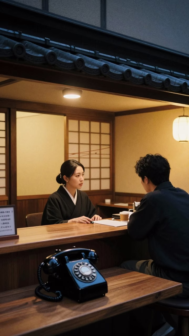 Kyoto Twilight Street Scene with Vintage Bakelite Telephone on Hotel Desk in in Kyoto, Japan
