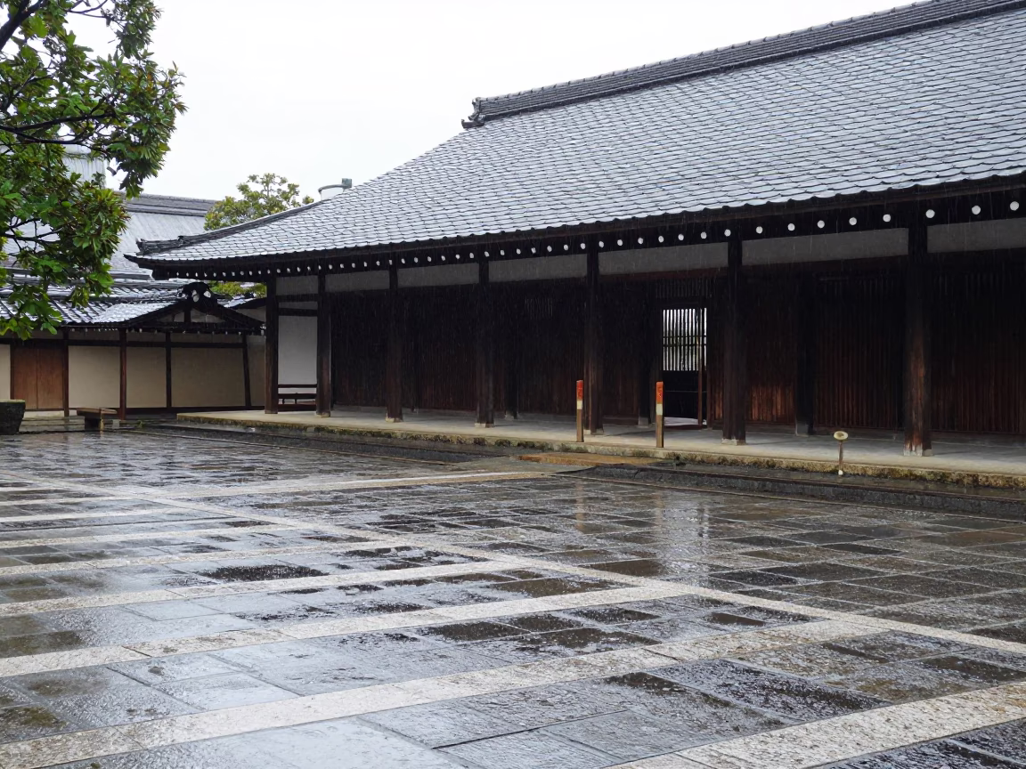Kyoto University Cloister Wet Flagstones Midmorning Rain Aftermath in in Kyoto, Japan