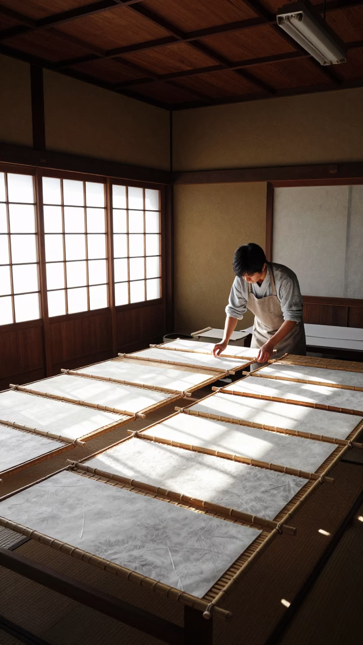 Kyoto Workshop Interior Late Morning Light Handmade Paper Bamboo Screens and Books in in Kyoto, Japan