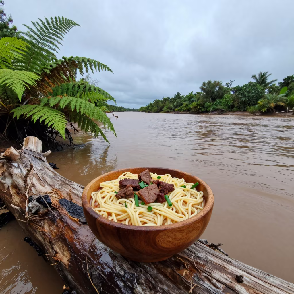 Kyrgyz Beshbarmak Noodles on Log Beside Tidal Inlet in beside a tidal inlet in Suriname