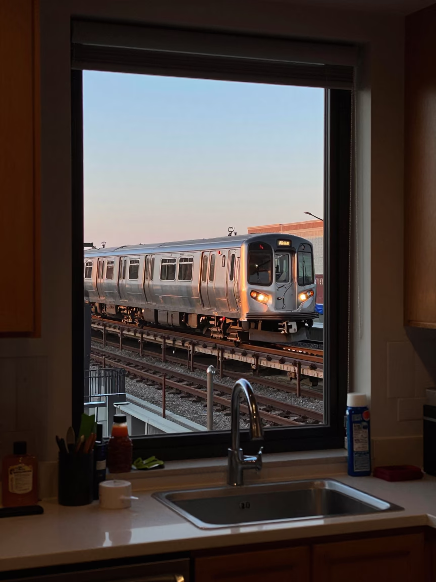 L Train in Chicago at The Early Evening Light in in Chicago, Illinois, United States