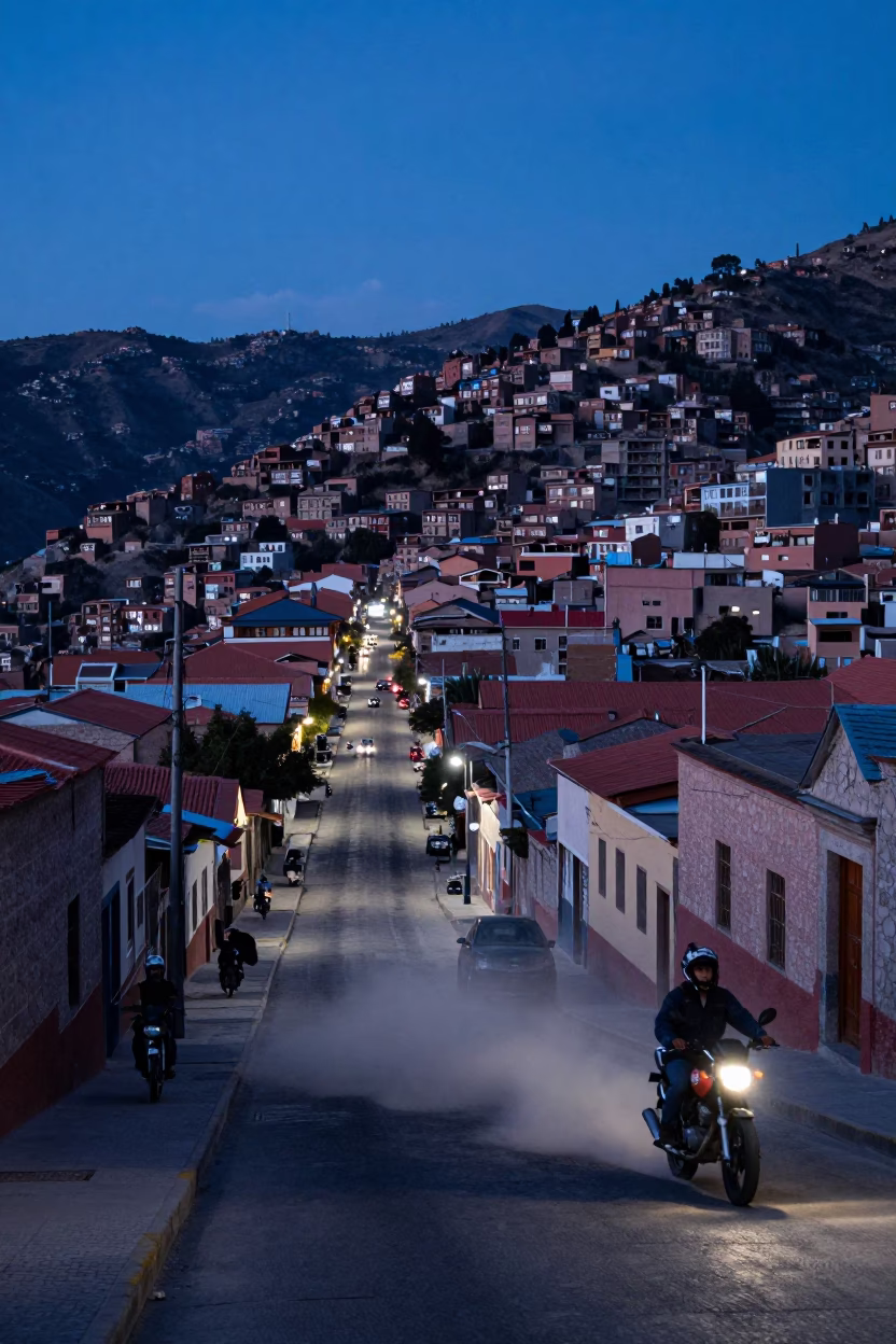 La Bolivia Twilight Street Scene with Motorcycle and Dusty Plaster Walls in in La Paz, Bolivia